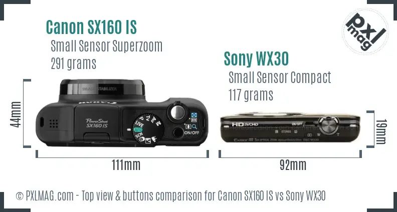 Canon SX160 IS vs Sony WX30 top view buttons comparison