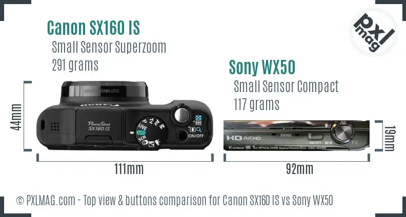 Canon SX160 IS vs Sony WX50 top view buttons comparison