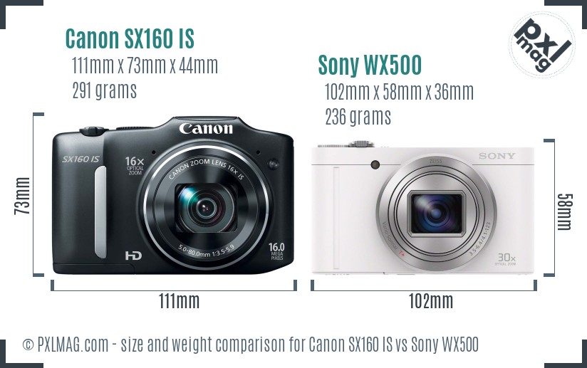 Canon SX160 IS vs Sony WX500 size comparison