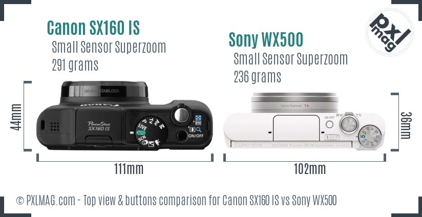 Canon SX160 IS vs Sony WX500 top view buttons comparison