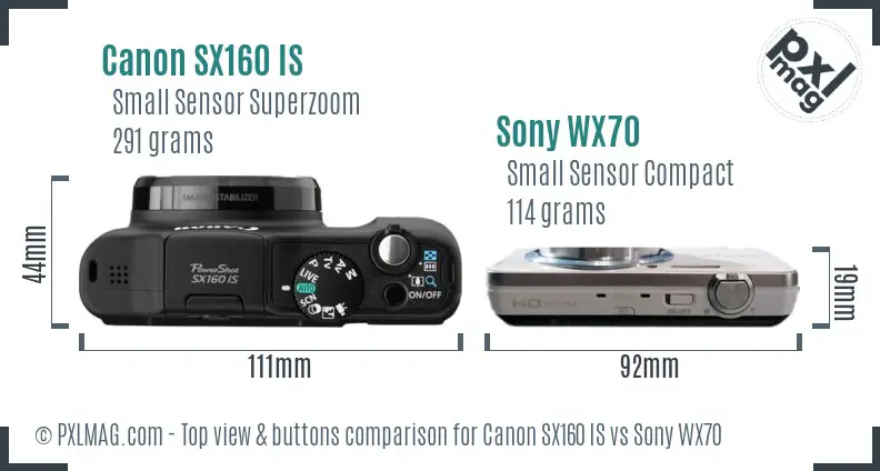 Canon SX160 IS vs Sony WX70 top view buttons comparison Canon SX160 IS vs Sony WX70 top view buttons comparison