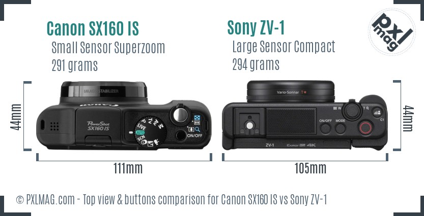 Canon SX160 IS vs Sony ZV-1 top view buttons comparison