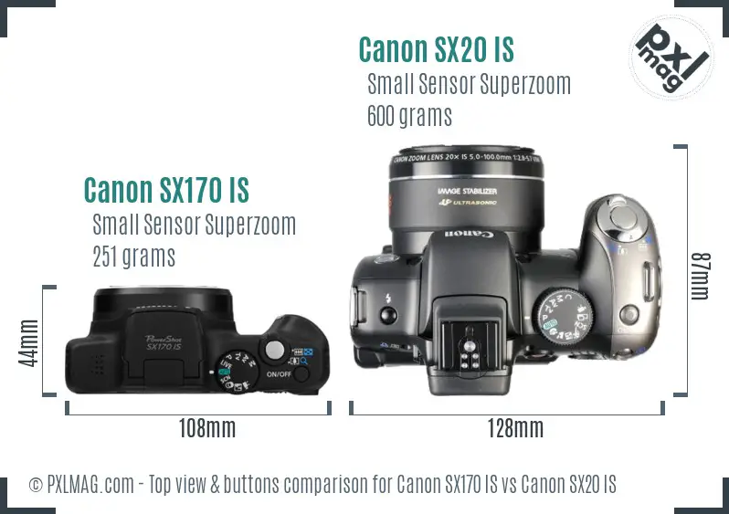 Canon SX170 IS vs Canon SX20 IS top view buttons comparison