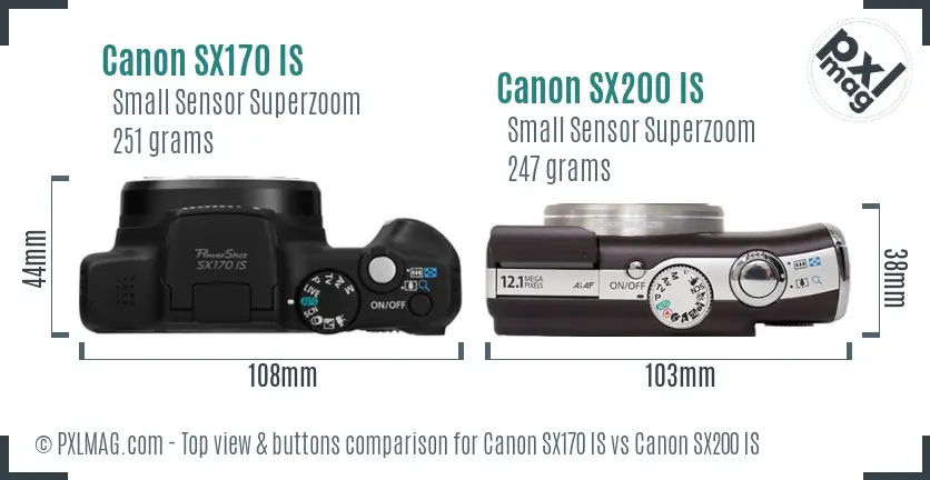 Canon SX170 IS vs Canon SX200 IS top view buttons comparison