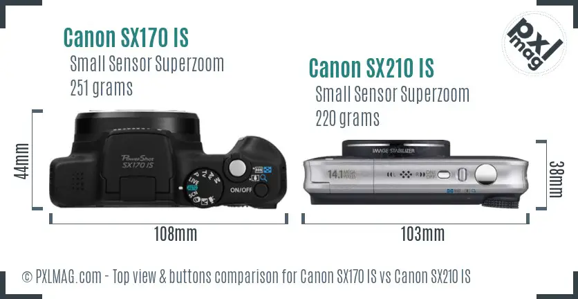 Canon SX170 IS vs Canon SX210 IS top view buttons comparison