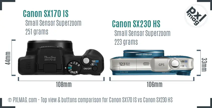 Canon SX170 IS vs Canon SX230 HS top view buttons comparison