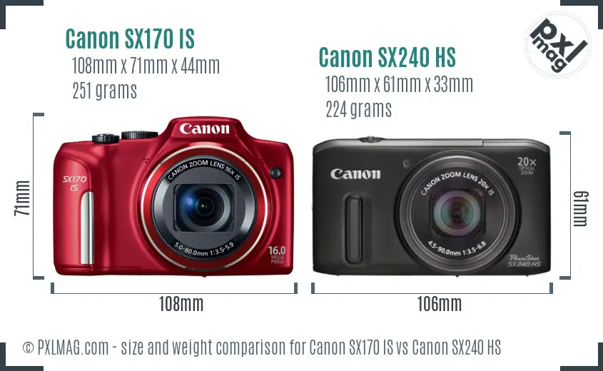 Canon SX170 IS vs Canon SX240 HS size comparison