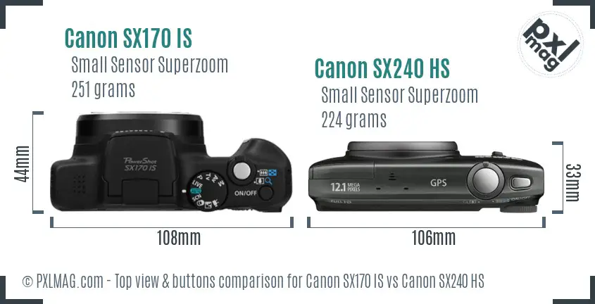 Canon SX170 IS vs Canon SX240 HS top view buttons comparison
