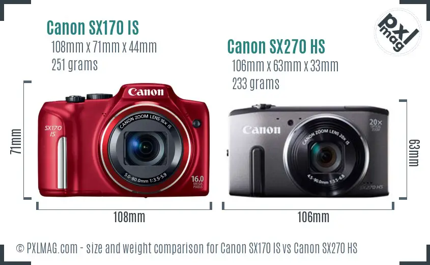 Canon SX170 IS vs Canon SX270 HS size comparison