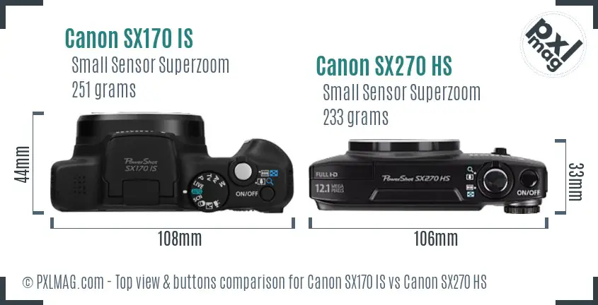 Canon SX170 IS vs Canon SX270 HS top view buttons comparison