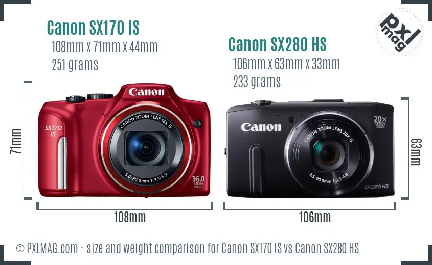 Canon SX170 IS vs Canon SX280 HS size comparison