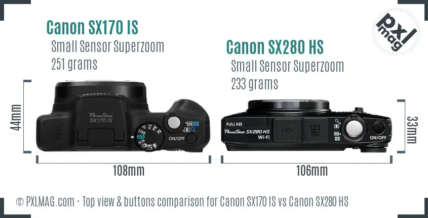 Canon SX170 IS vs Canon SX280 HS top view buttons comparison