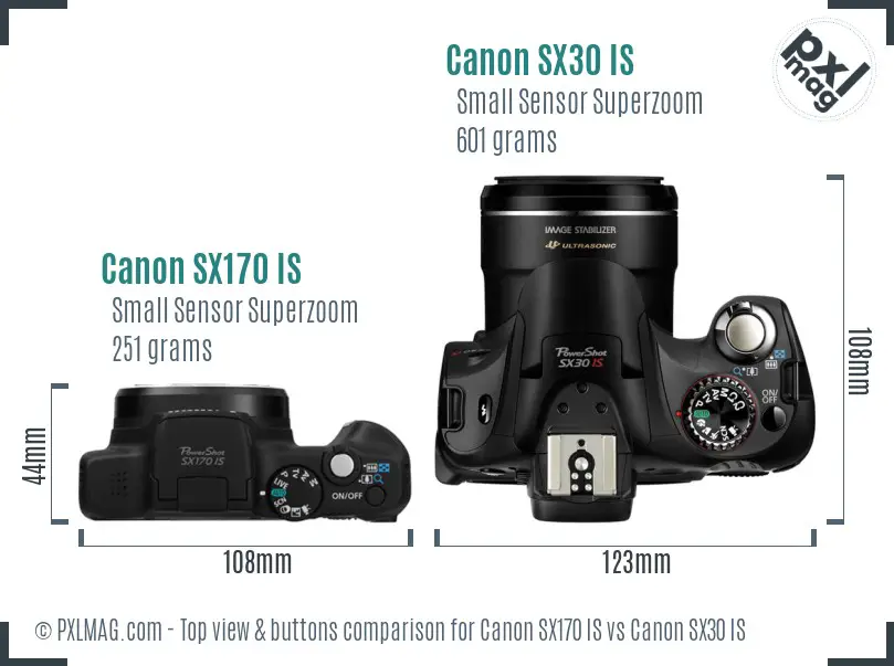 Canon SX170 IS vs Canon SX30 IS top view buttons comparison