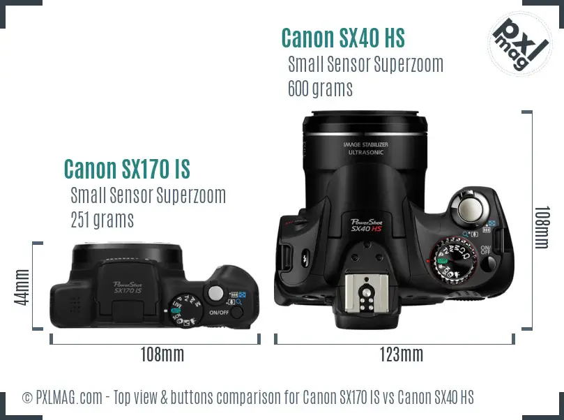 Canon SX170 IS vs Canon SX40 HS top view buttons comparison