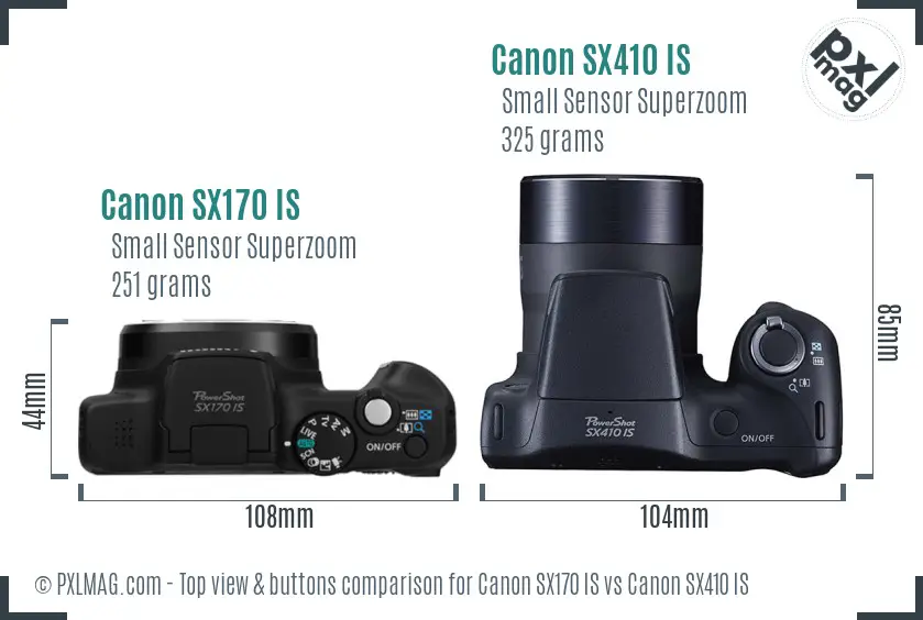 Canon SX170 IS vs Canon SX410 IS top view buttons comparison