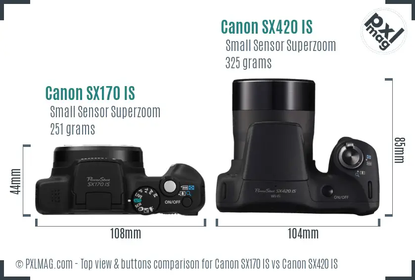 Canon SX170 IS vs Canon SX420 IS top view buttons comparison