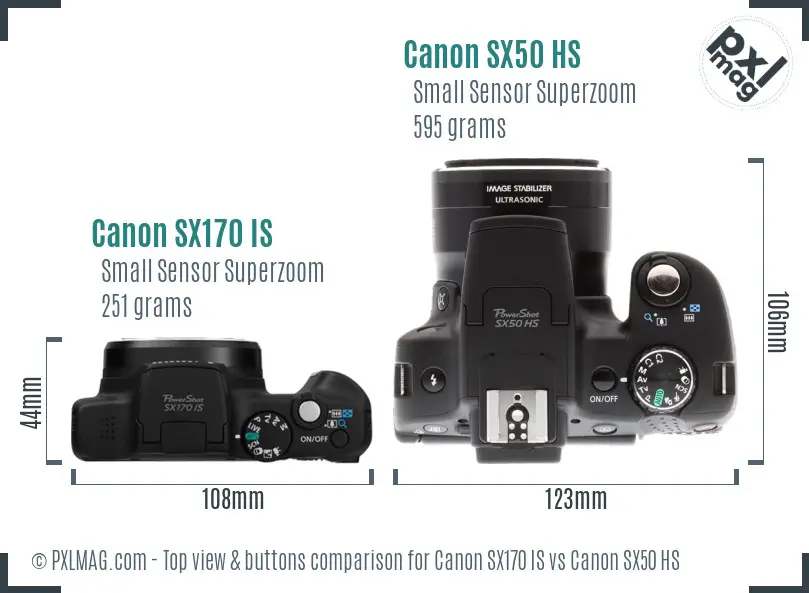 Canon SX170 IS vs Canon SX50 HS top view buttons comparison