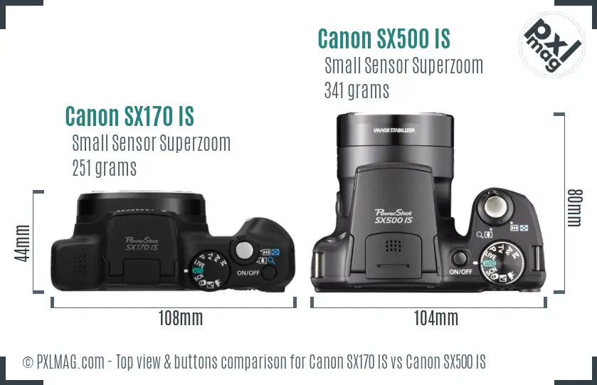 Canon SX170 IS vs Canon SX500 IS top view buttons comparison