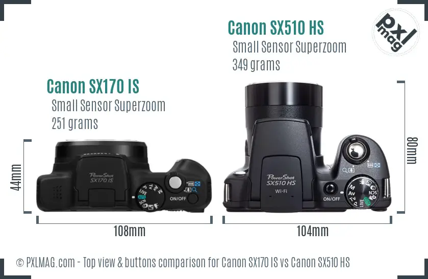 Canon SX170 IS vs Canon SX510 HS top view buttons comparison