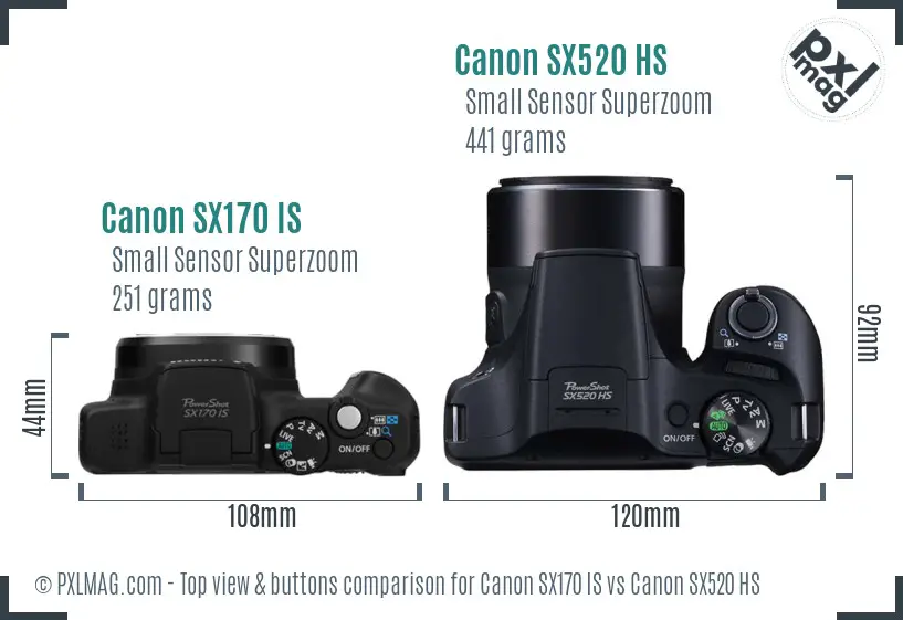 Canon SX170 IS vs Canon SX520 HS top view buttons comparison