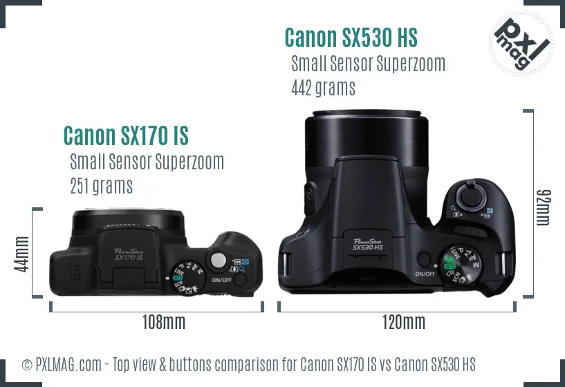 Canon SX170 IS vs Canon SX530 HS top view buttons comparison
