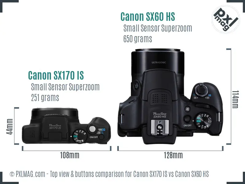 Canon SX170 IS vs Canon SX60 HS top view buttons comparison