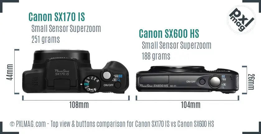Canon SX170 IS vs Canon SX600 HS top view buttons comparison