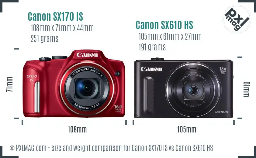 Canon SX170 IS vs Canon SX610 HS size comparison