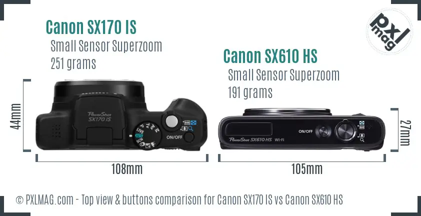 Canon SX170 IS vs Canon SX610 HS top view buttons comparison