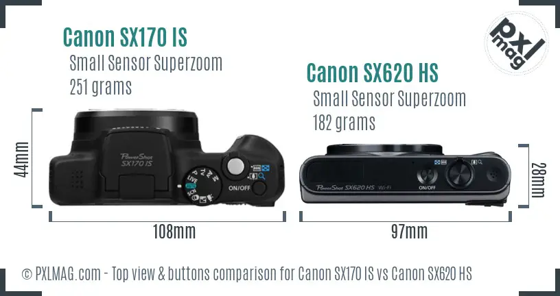 Canon SX170 IS vs Canon SX620 HS top view buttons comparison