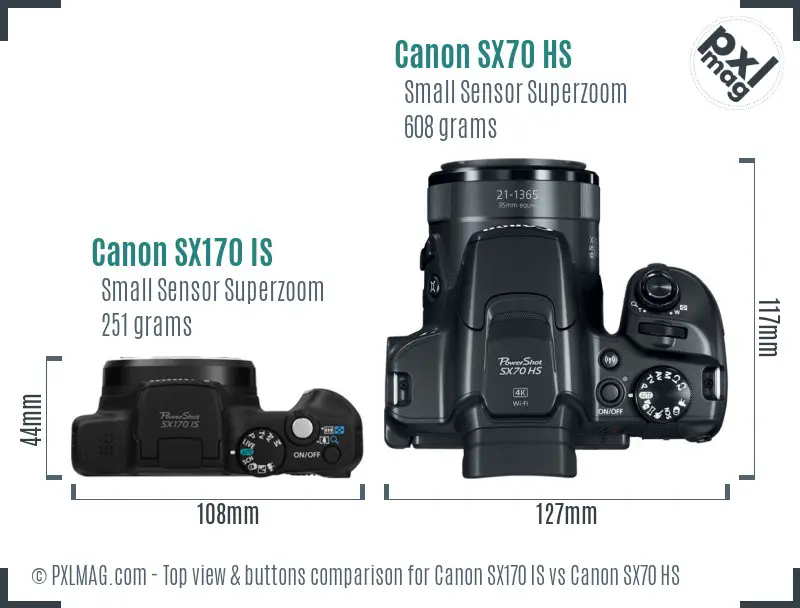Canon SX170 IS vs Canon SX70 HS top view buttons comparison