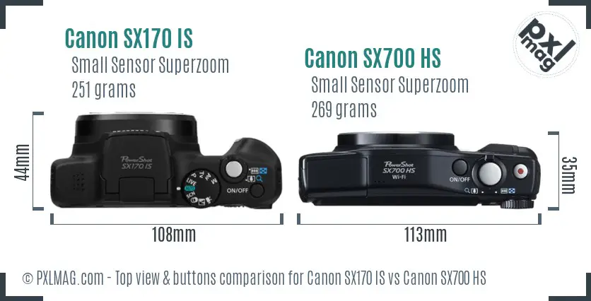 Canon SX170 IS vs Canon SX700 HS top view buttons comparison