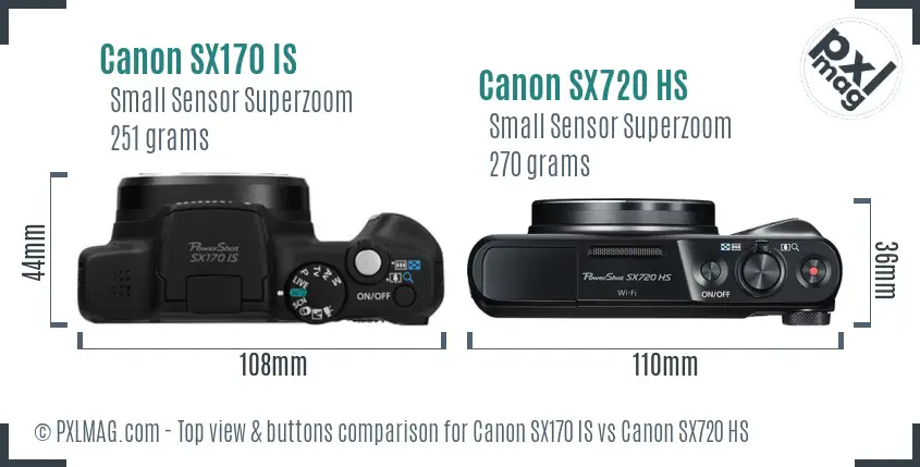 Canon SX170 IS vs Canon SX720 HS top view buttons comparison