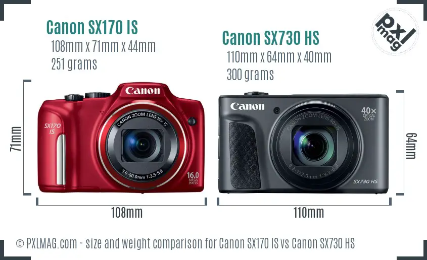 Canon SX170 IS vs Canon SX730 HS size comparison