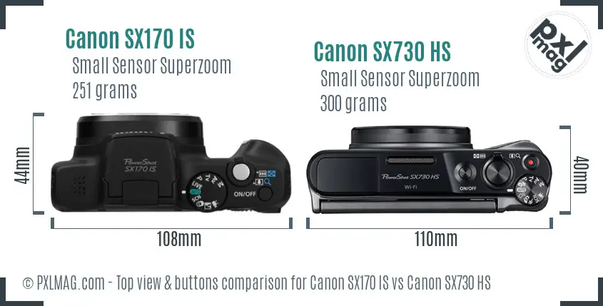 Canon SX170 IS vs Canon SX730 HS top view buttons comparison