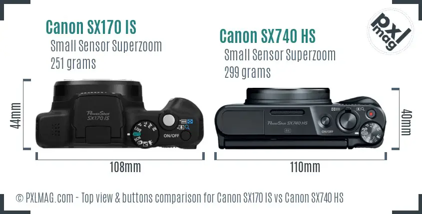 Canon SX170 IS vs Canon SX740 HS top view buttons comparison