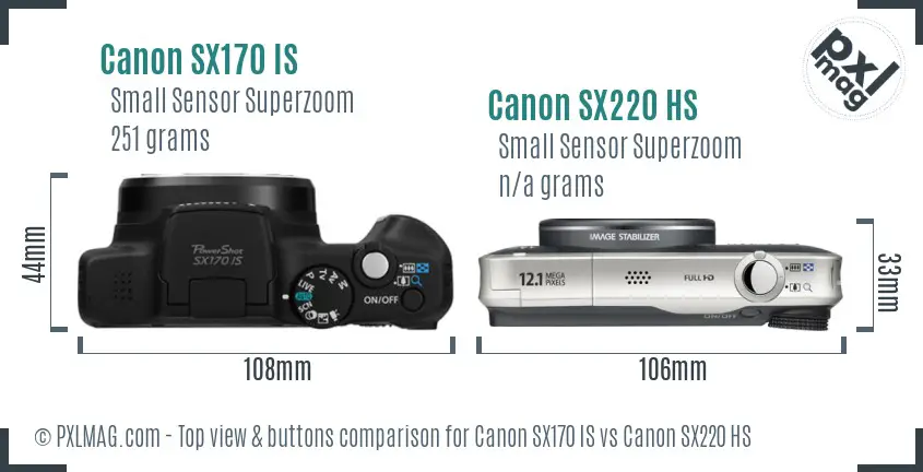 Canon SX170 IS vs Canon SX220 HS top view buttons comparison