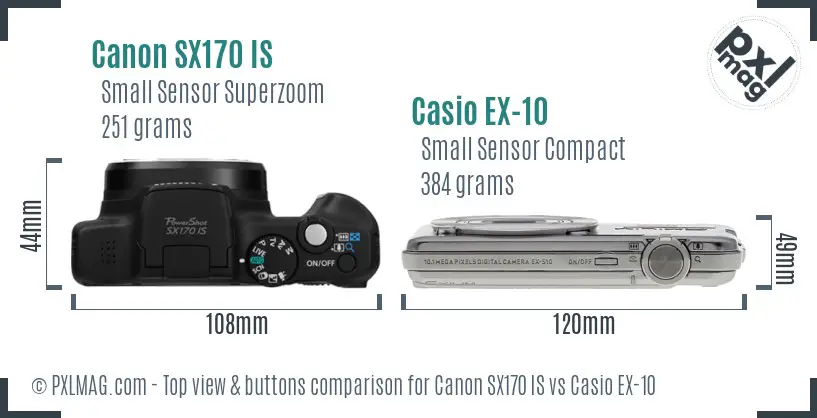 Canon SX170 IS vs Casio EX-10 top view buttons comparison