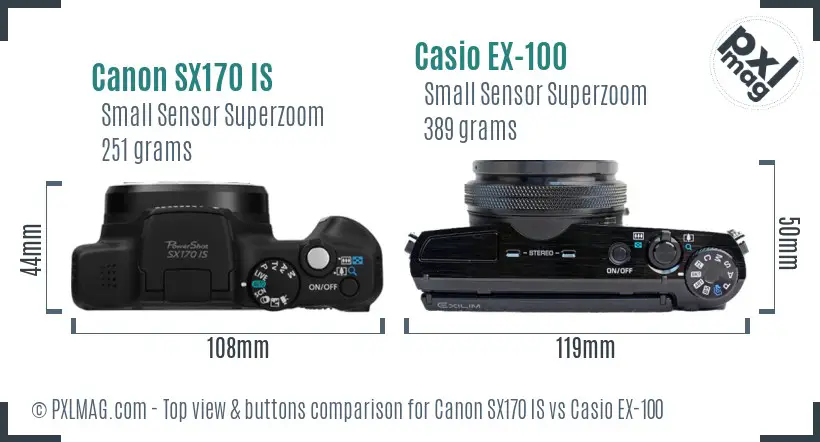 Canon SX170 IS vs Casio EX-100 top view buttons comparison