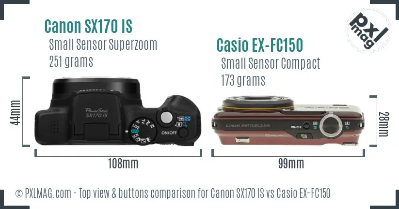 Canon SX170 IS vs Casio EX-FC150 top view buttons comparison
