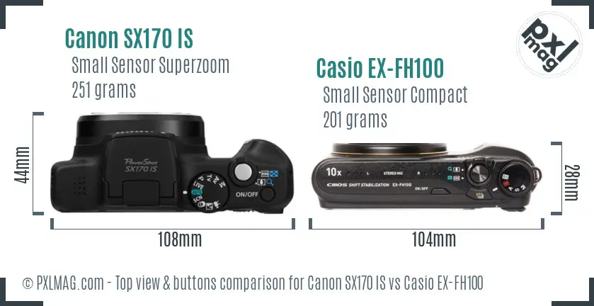 Canon SX170 IS vs Casio EX-FH100 top view buttons comparison