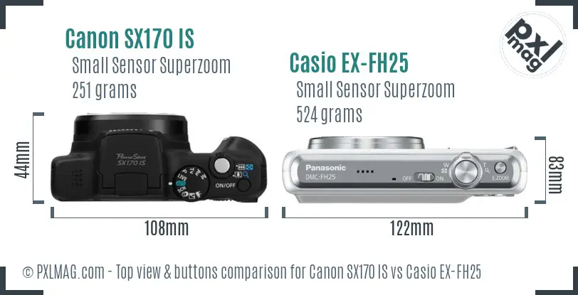 Canon SX170 IS vs Casio EX-FH25 top view buttons comparison