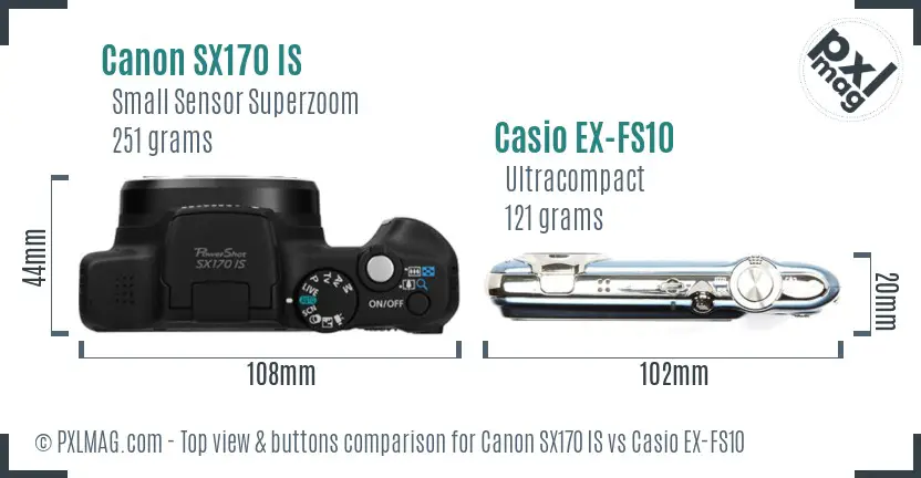 Canon SX170 IS vs Casio EX-FS10 top view buttons comparison