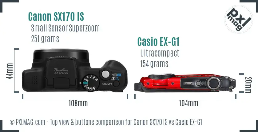 Canon SX170 IS vs Casio EX-G1 top view buttons comparison