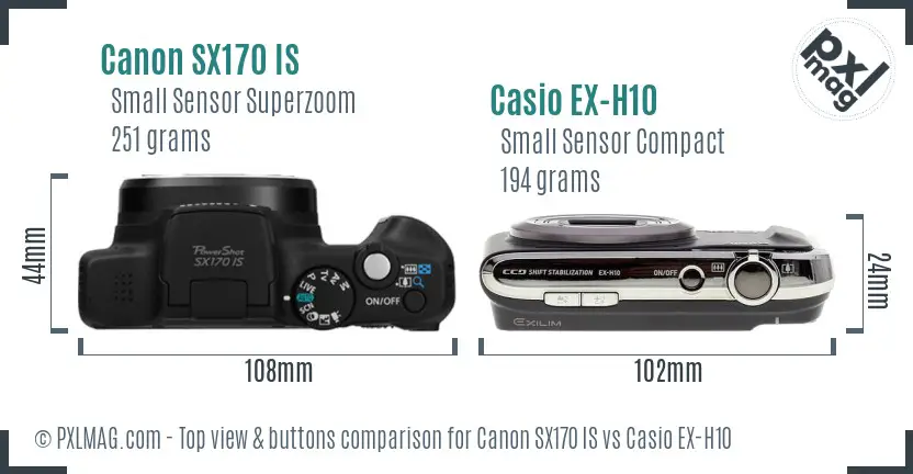 Canon SX170 IS vs Casio EX-H10 top view buttons comparison