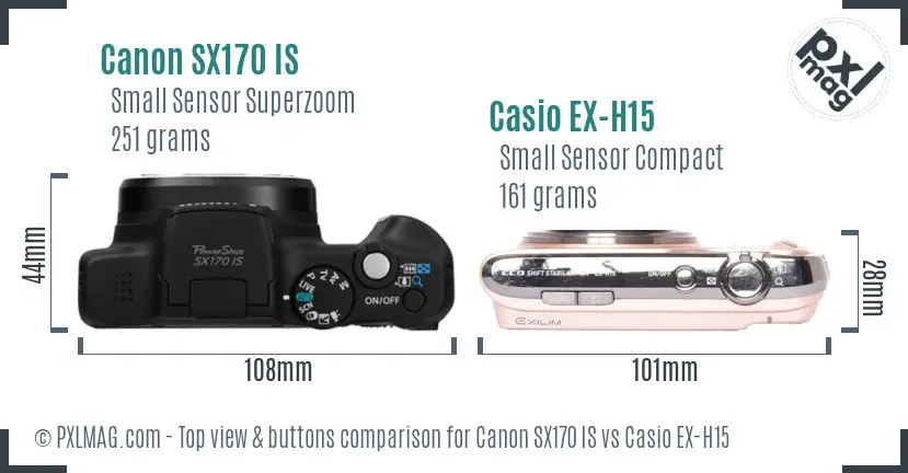 Canon SX170 IS vs Casio EX-H15 top view buttons comparison