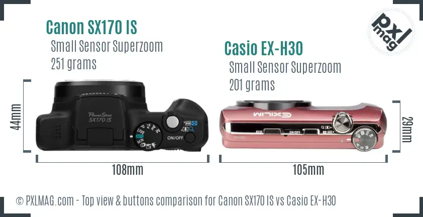 Canon SX170 IS vs Casio EX-H30 top view buttons comparison