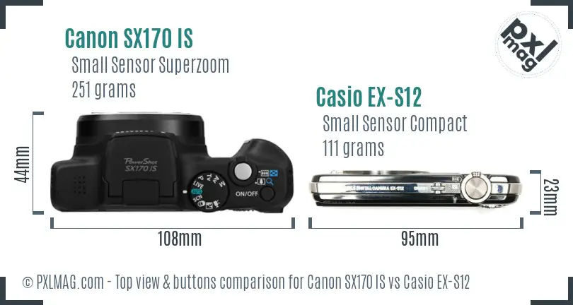 Canon SX170 IS vs Casio EX-S12 top view buttons comparison