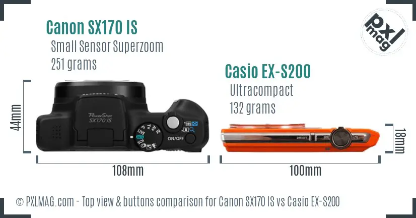Canon SX170 IS vs Casio EX-S200 top view buttons comparison