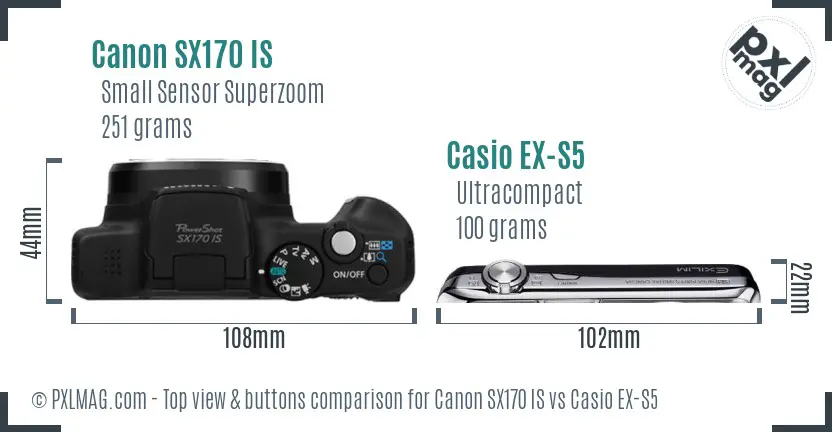 Canon SX170 IS vs Casio EX-S5 top view buttons comparison